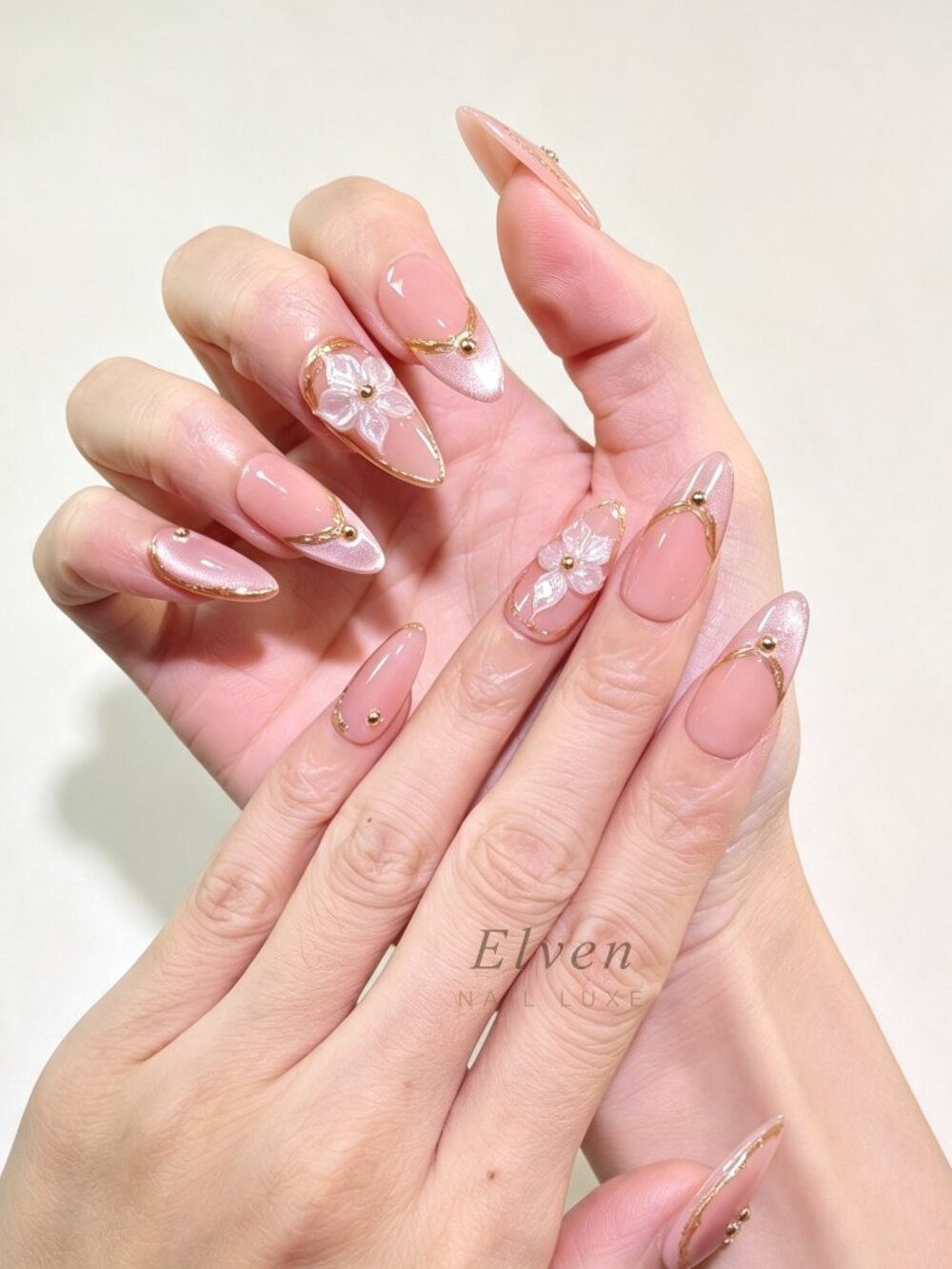 Romantic Bridal Nude Pink Almond Press On Nails With Gold French & 3D White Flow